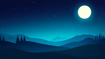 Wall Mural - serene night landscape featuring a bright full moon illuminating tranquil hill and pine trees