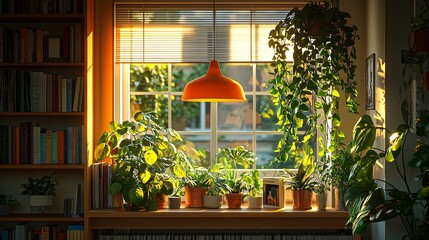 Sticker - Sunlit windowsill plants, home library, morning light