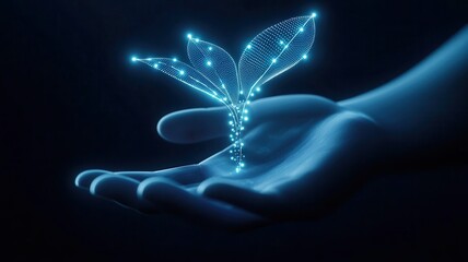 Tech plants growth and greenery. Digital hand holding a glowing plant, symbolizing growth and sustainability.