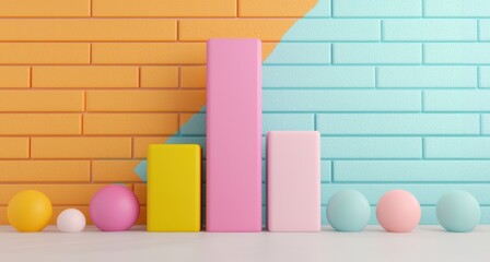 Wall Mural - colorful geometric shapes and bars against a vibrant brick wall, perfect for modern design, creativi