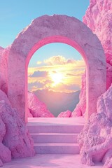 Wall Mural - A stunning pink archway against a backdrop of mountains and a sunrise, creating a dreamlike and serene landscape. Perfect for fantasy themes.