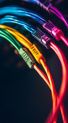 Wall Mural - a server room filled with exposed wiring and a tangle of colored network cables vertical - black bac