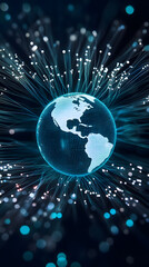 Wall Mural - a creative image featuring a globe surrounded by brightly glowing fiber optic cables vertical - blac