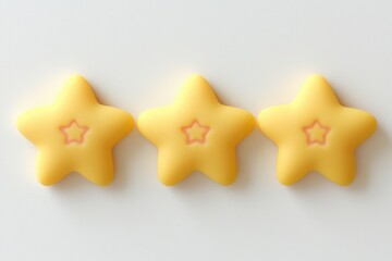 Poster - Three cheerful yellow star-shaped toys arranged in a row on a light background, perfect for children's play and decor.