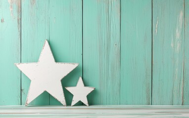 Wall Mural - Decorative wooden stars on a turquoise wooden background. Perfect for home decor, interior design, or festive themes.