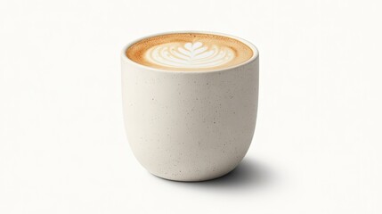 Wall Mural - A latte in a white cup, with smooth, velvety foam art on top, sitting against a clean white background.