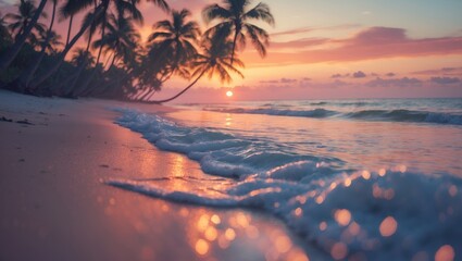 Wall Mural - vibrant sunset over a tranquil beach with gentle waves and palm trees swaying in the warm breeze