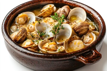 Wall Mural - Steaming clams and scallops with thyme and broth in a ceramic bowl