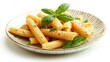 © Suphawan - A simple plate of fresh baby corn with a few green leaves for garnish, isolated on white.