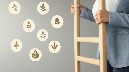 Wall Mural - A person holds a wooden ladder beside circular floral wall decor in a modern interior setting.