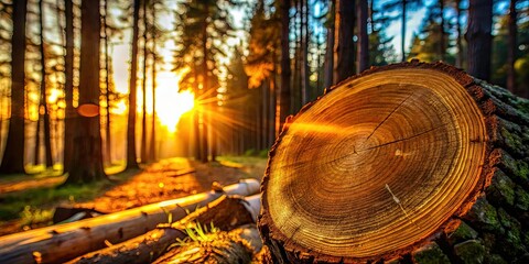 Wall Mural - Rustic wooden texture, sunset's glow paints a forest scene; sharp focus on the tree trunk.