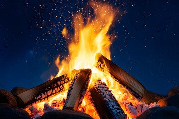 Wall Mural - crackling campfire under a clear - star-studded night sky blue background