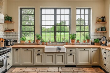 Aufkleber - Modern country kitchen with large windows and greenery in a serene rural setting