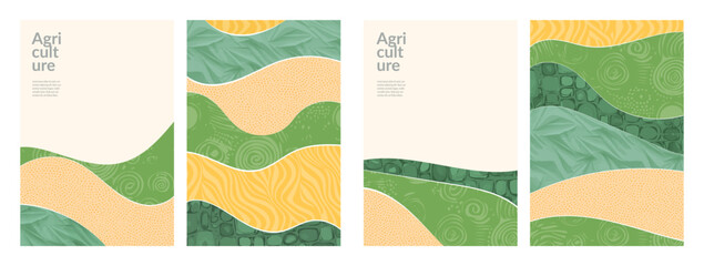 Wall Mural - Organic agriculture rice field and farmland green background. Eco-friendly design. Flat graphic pattern of nature. Vintage brochure cover, Japanese abstract illustration. Poster template, agro layout