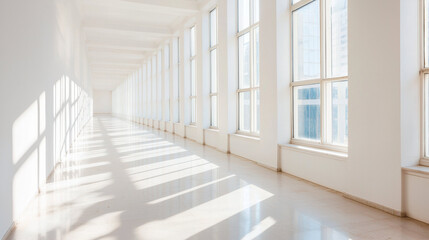 Wall Mural - Bright sunlight streams through large windows in long, empty corridor with white walls and polished floor