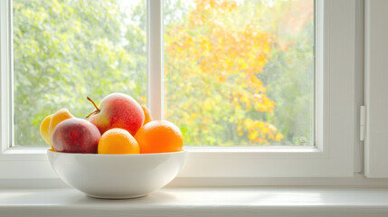 Poster - bowl of fresh fruits, including apples and oranges, sits on windowsill with view of bright autumn landscape outside
