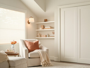 Poster - cozy and serene living space with beige armchair, soft throw blanket, and decorative shelves, illuminated by natural light and wall sconce