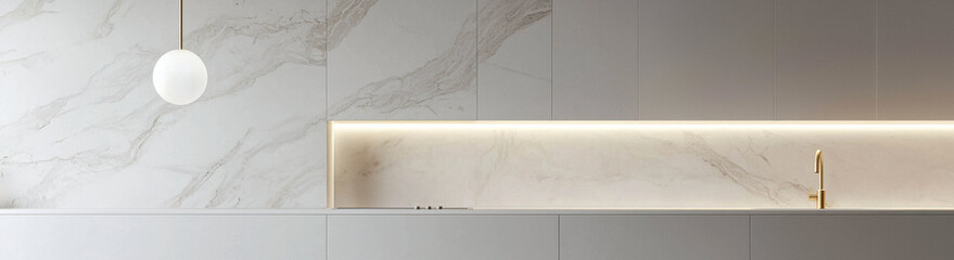 Aufkleber - Minimalist kitchen design with marble backsplash, integrated lighting, and gold faucet, creating luxurious and modern aesthetic