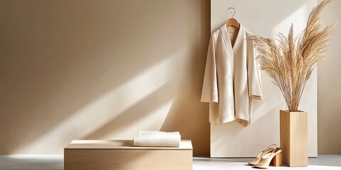 Fototapete - Innovation in fashion through sustainable materials, showcased in a minimalist studio with neutral tones, elegant garments, and eco-friendly accessories