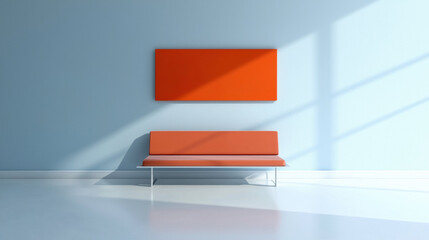 Aufkleber - minimalist interior with red bench and matching red wall art against light blue wall, illuminated by natural sunlight
