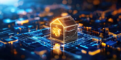 Poster - conceptual image of a glowing blockchain ledger surrounded by diverse assets like real estate and stocks, highlighting tokenization and investment strategies