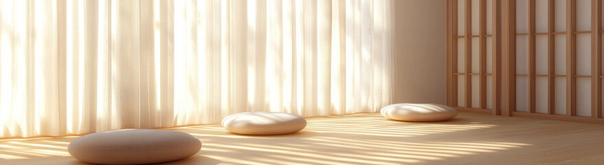 Poster - Minimalist room with soft sunlight streaming through sheer curtains, featuring round cushions on wooden floor and partition wall