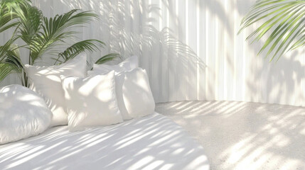 Poster - cozy white lounge area with soft cushions surrounded by lush green palm leaves, creating serene and tropical atmosphere