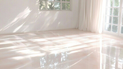 Poster - Bright sunlight streams through large windows into minimalistic room with glossy white flooring and sheer curtains, creating serene atmosphere