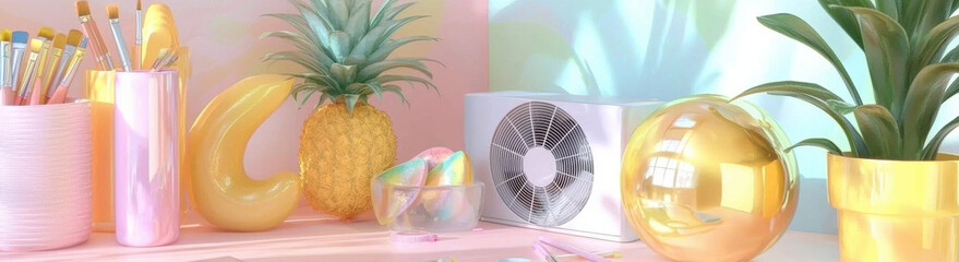 Poster - colorful pastel themed workspace with decorative items like pineapple, moon, plants, brushes, and small air conditioner, creating cheerful vibe