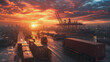 Container truck in ship port for business Logistics and transportation of Container Cargo ship and Cargo plane with working crane bridge in shipyard at sunrise, logistic import export and transport