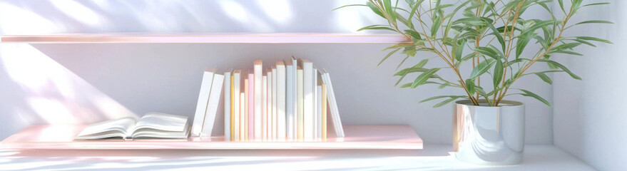 Poster - minimalist bookshelf with neatly arranged books and potted plant in soft natural light