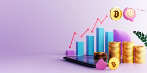Fototapete - Investment opportunities illustrated with diverse coins and financial graphs on a desk, storytelling elements highlighted, neutral background