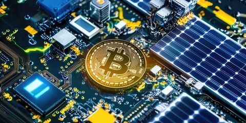 Aufkleber - Visual representation of blockchain technology managing energy distribution from solar panels, infographics illustrating sustainability, clean background