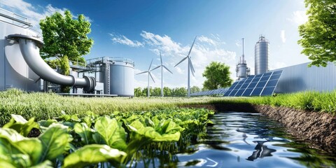 Aufkleber - A visually striking collage of renewable energy innovations, featuring biogas digesters and hydroelectric systems, set against a simple, neutral environment