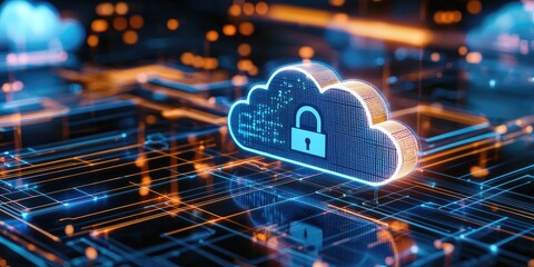 Leinwandbilder - Data encryption in cloud storage depicted through a digital lock over a cloud with binary code, minimalistic editorial-style backdrop, focused on security and technology