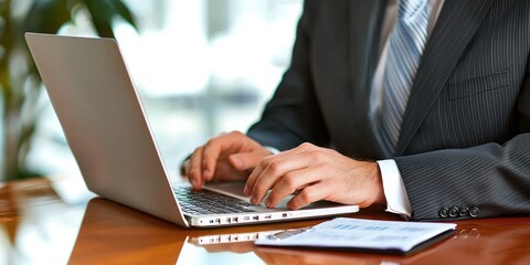Poster - businessman analyzing performance metrics with sales report graphs on a laptop and notepad in an office setting
