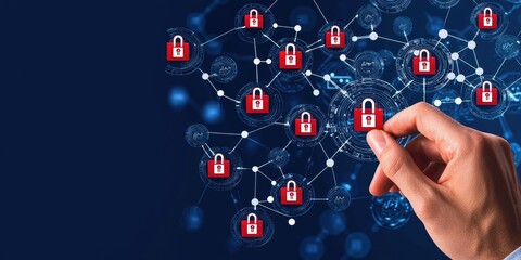 Aufkleber - Safe data retrieval illustrated by a hand accessing a cloud interface, digitally secured with graphical encryption symbols, clean and professional editorial-style setting