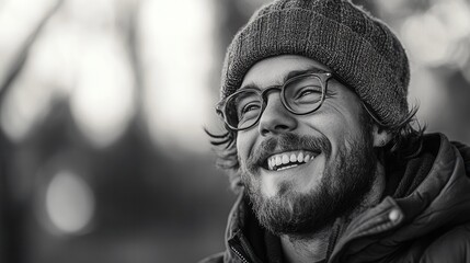 Wall Mural - Smiling young man in winter attire enjoys a moment outdoors in nature amid soft sunlight. Generative AI