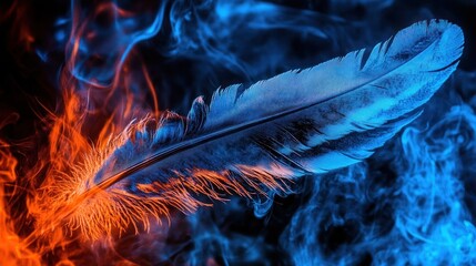 Wall Mural - A vibrant feather surrounded by contrasting flames and smoke in blue and orange hues.