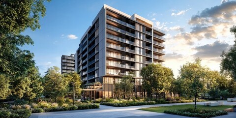 Poster - innovative line connection in contemporary architecture highlighting sleek designs of urban buildings with clean lines, complemented by subtle natural elements in the bac