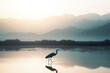 © Isuru - Serene sunrise over tranquil lake, a lone heron stands in calm water, majestic mountains in the background.