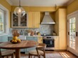 © RaksaLinggo - Bright Yellow Kitchen With Wooden Table And Farmhouse Sink
