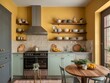 © RaksaLinggo - Charming Yellow Kitchen With Mint Green Cabinets And Wooden Accents