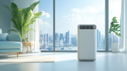 Aufkleber - modern air purifier in bright living room with large windows and cityscape view, surrounded by green plants for fresh ambiance