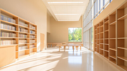 Aufkleber - spacious, modern library with tall bookshelves, wooden tables, and large windows allowing natural light to fill room