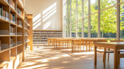 Aufkleber - bright and spacious library with wooden furniture, large windows, and natural light creating serene atmosphere for reading and studying