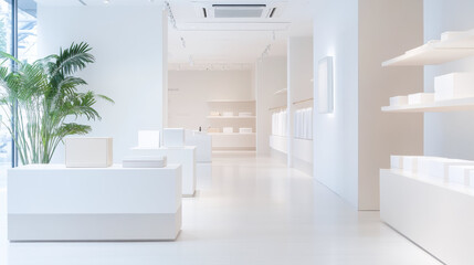 Poster - modern minimalist showroom with white interiors, sleek furniture, and natural light, complemented by green plants for serene ambiance