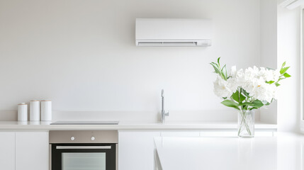 Sticker - modern minimalist kitchen with high capacity air conditioner, white cabinets, and vase of white flowers on counter