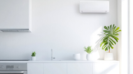 Aufkleber - modern kitchen with white cabinets, sleek countertop, and high capacity air conditioner mounted on wall, complemented by green plants