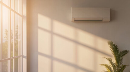 Aufkleber - modern air conditioner mounted on wall in sunlit room with green plant, creating serene and comfortable atmosphere
